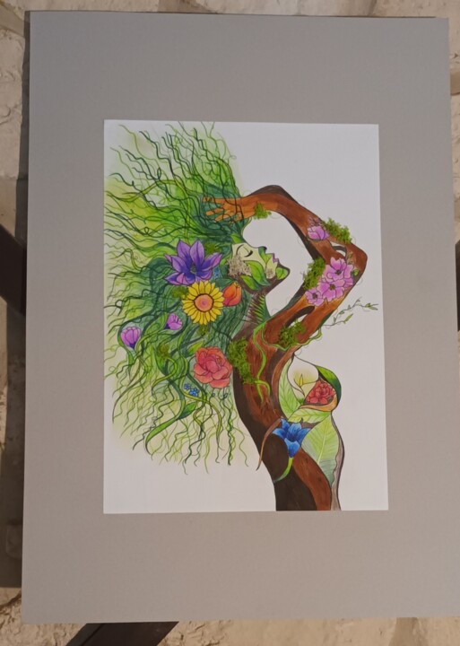 Drawing titled "Collection Nature #1" by Les Couleurs De Dorine, Original Artwork, Marker Mounted on Wood Stretcher frame
