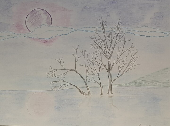 lune et arbre dans l'eau 图画, 11.8x16.5 in