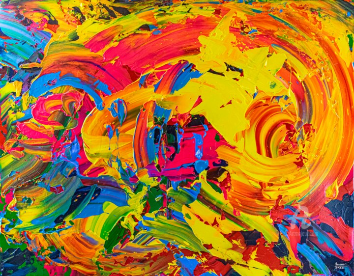 Schilderij getiteld "Overflowing Love" door Tran Tuan, Origineel Kunstwerk, Acryl Gemonteerd op Frame voor houten brancard