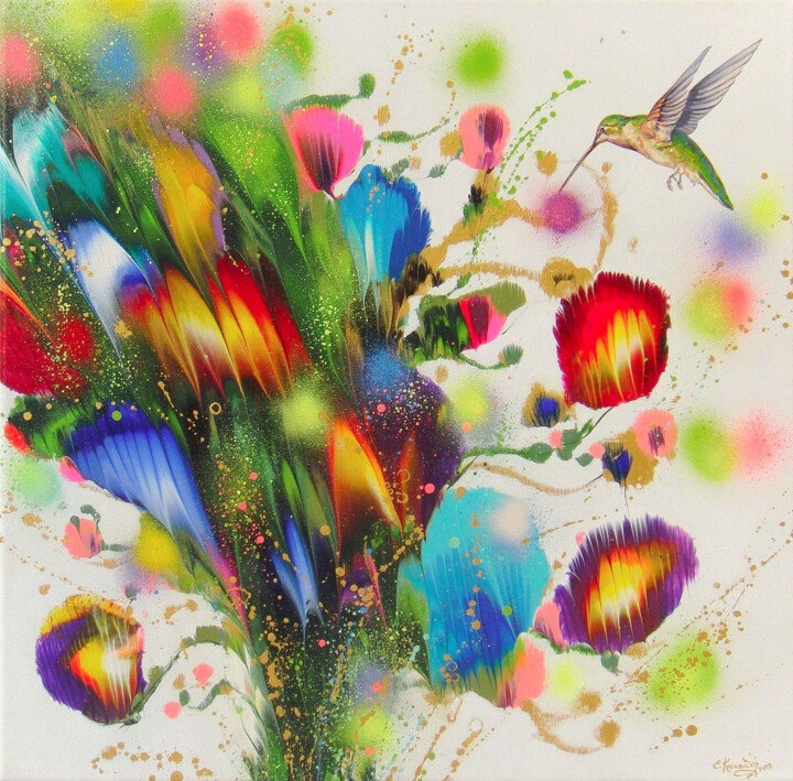 ”New Day” Hummingbirds in Flowers 绘画, 28x28.4 in