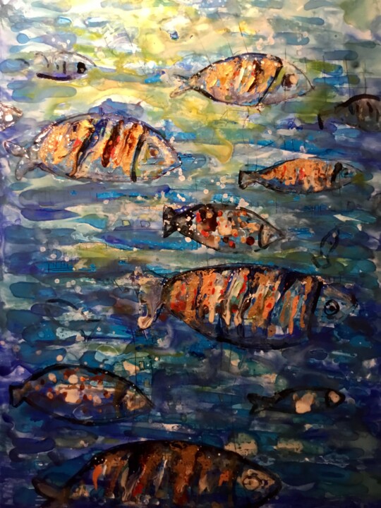 Undersea harmony,colourful fish underwater,mix media art 绘画, 16x12 in