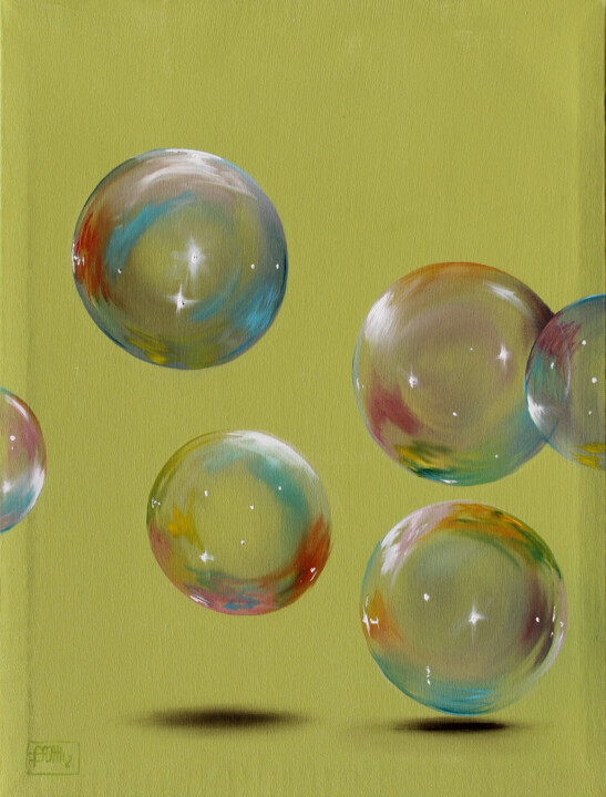 BOLLE DI SAPONE FONDO VERDE - COGLI L'ATTIMO 29 绘画, 15.8x11.8 in