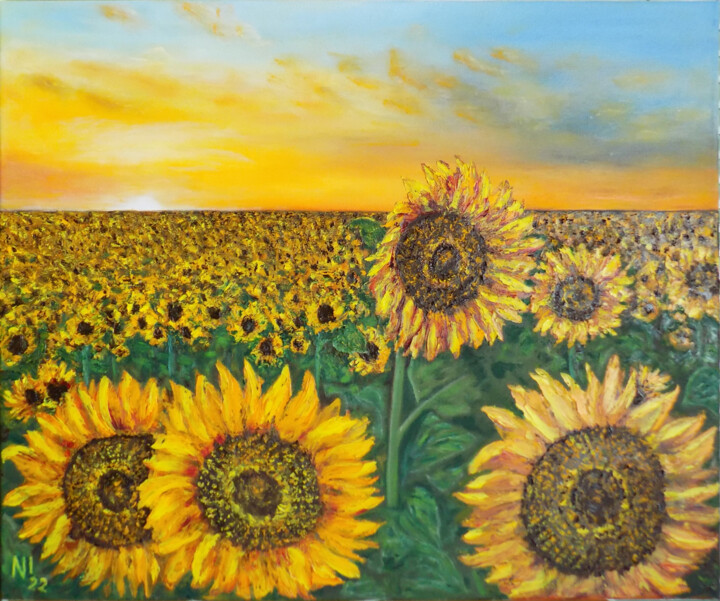 Schilderij getiteld "Sunflowers" door Nadezhda Ivanova, Origineel Kunstwerk, Olie Gemonteerd op Frame voor houten brancard