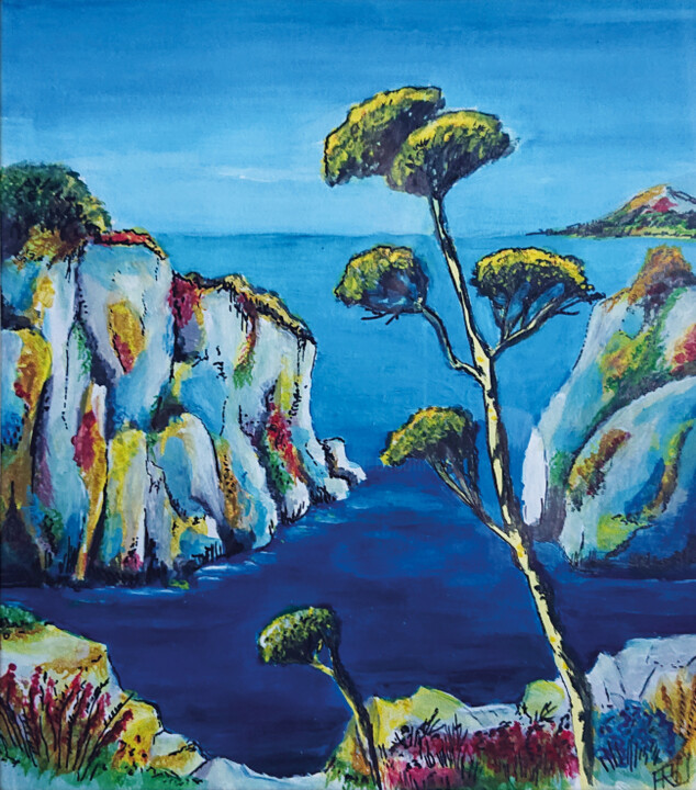 Painting titled "Dans les calanques" by Pascal Carro (ORAK), Original Artwork, Gouache