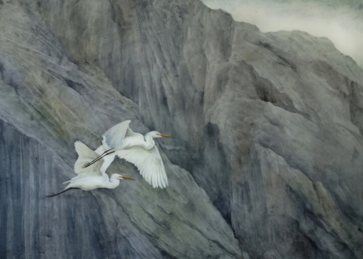 Great Egret Couple 绘画, 22.1x29.9 in