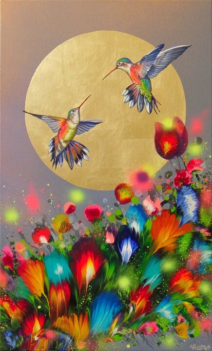 Hummingbirds at Sunset 绘画, 39.4x23.6 in