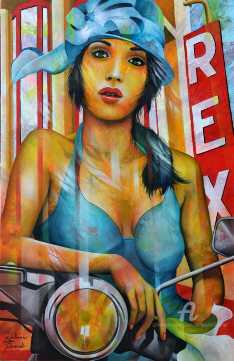 Peinture intitulée "Devant le grand Rex" par Jeannette Guichard-Bunel, Œuvre d'art originale, Huile Monté sur Châssis en bois