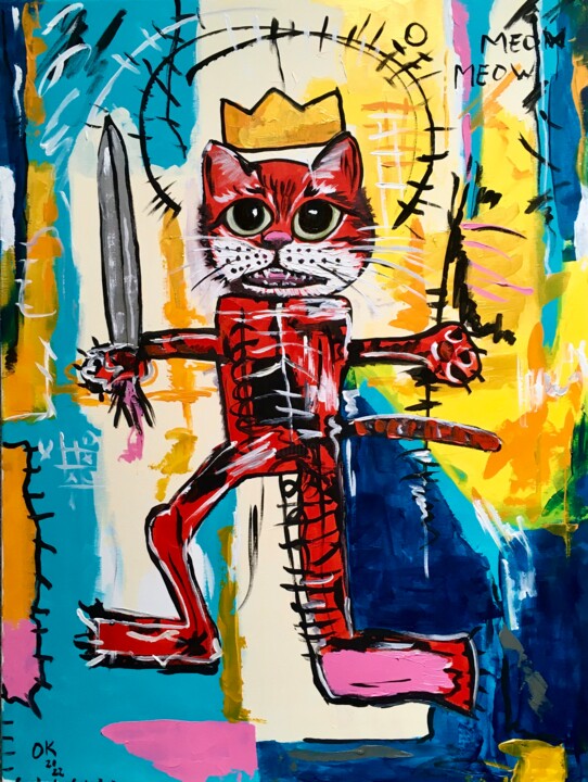 Red Warrior Cat inspired by Jean-Michelle Basquiat art 绘画, 40x31.9 in