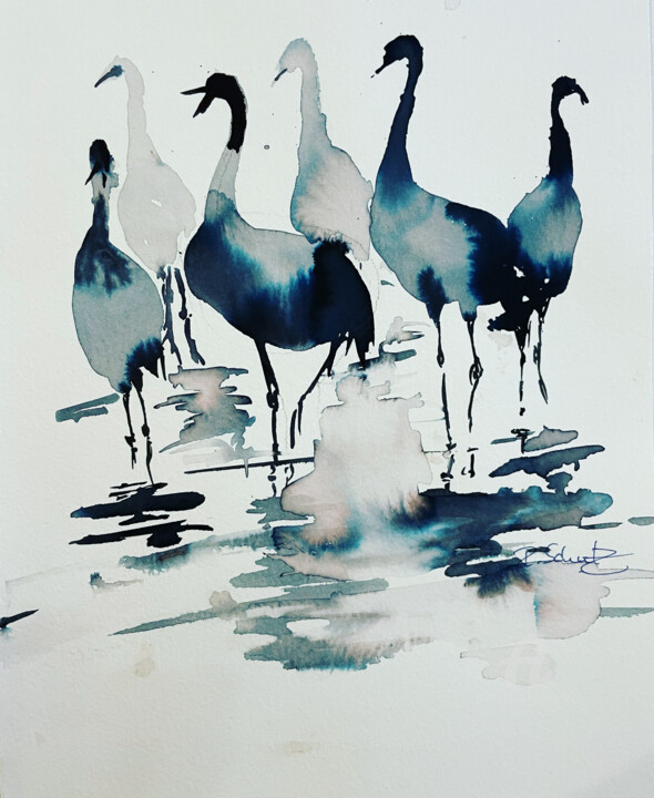 Malerei mit dem Titel "Kraniche" von Corason, Original-Kunstwerk, Aquarell