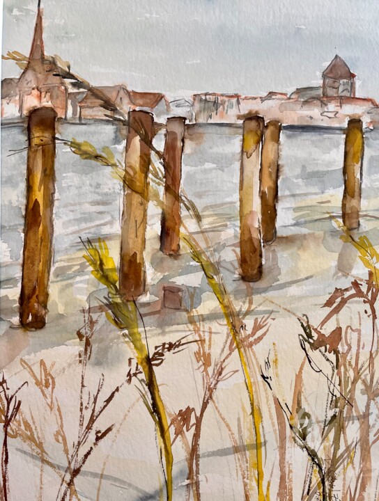 Malerei mit dem Titel "Rostocker Silhouette" von Corason, Original-Kunstwerk, Aquarell