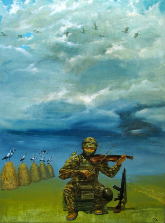 Musical pause. A living soldier's soul. 绘画, 29.5x21.7 in