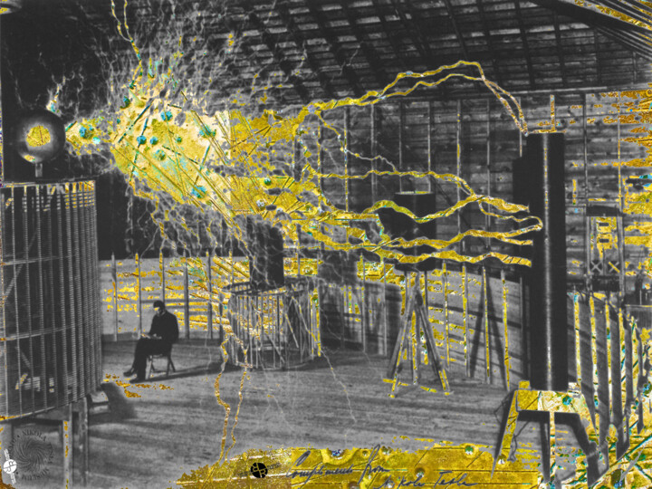 Digital Arts titled "Nikola Tesla Sittin…" by Tony Rubino, Original Artwork, Digital Painting Mounted on Wood Stretcher frame