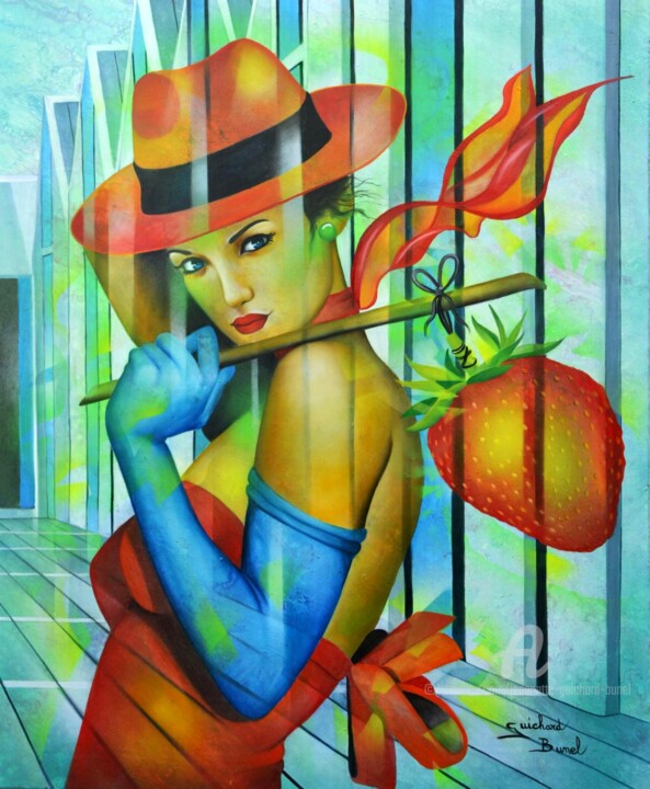 Peinture intitulée "Ramène ta fraise..." par Jeannette Guichard-Bunel, Œuvre d'art originale, Huile Monté sur Châssis en bois