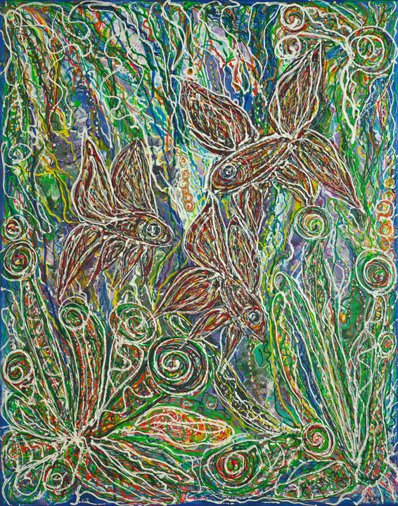 Meeting in blue water. 绘画, 35.4x27.6 in