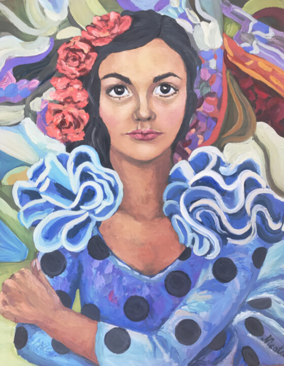 「“School of flamenco”」というタイトルの絵画 Pintor Nicolasによって, オリジナルのアートワーク, オイル ウッドストレッチャーフレームにマウント
