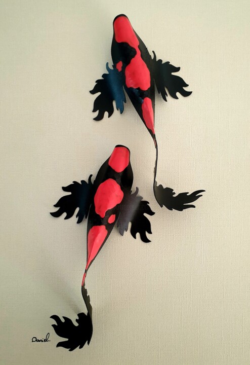 2 Fantasy black Koi 雕塑, 11.8x8.3 in