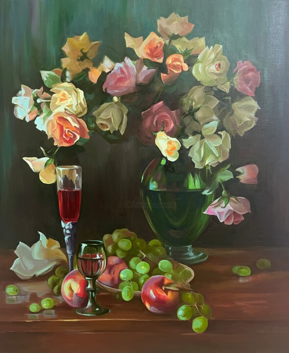 Malerei mit dem Titel "Rose fruit and wine" von Guzel Min, Original-Kunstwerk, Öl