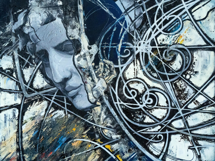 Painting titled "Abstract oil portra…" by Alek Tretiak, Original Artwork, Oil Mounted on Wood Stretcher frame