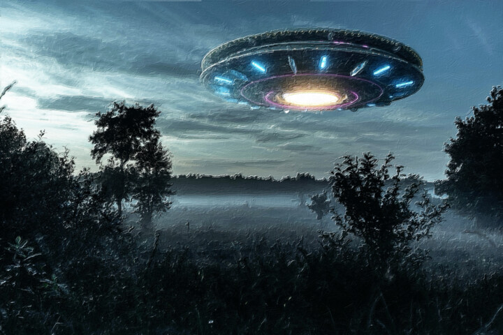 Collages titled "UFO, an alien plate…" by Tony Rubino, Original Artwork, Collages Mounted on Wood Stretcher frame