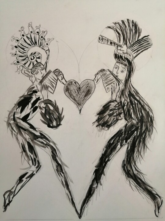Desenho intitulada "Papageno Papagena" por Arnaud Dubois, Obras de arte originais, Tinta