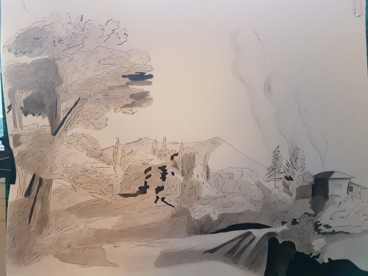 Paysage, aquarelle, encre de chine Drawing, 23.4x33.1 in