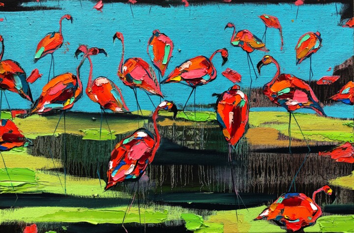 Flamingo - tropical birds painting 绘画, 19.7x27.6 in
