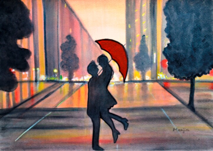 Romance in the city romantic painting gift art on sale 绘画, 12x16.5 in