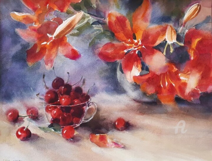 Peinture intitulée "Lys rouge" par Sylvie Vernageau, Œuvre d'art originale, Aquarelle