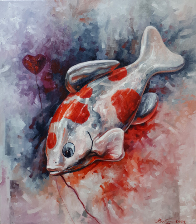 「Koi balloon」というタイトルの絵画 Serhii Voichenkoによって, オリジナルのアートワーク, オイル