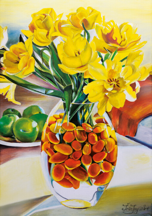 「Floral acrylic yell…」というタイトルの絵画 Irinjoyartによって, オリジナルのアートワーク, アクリル