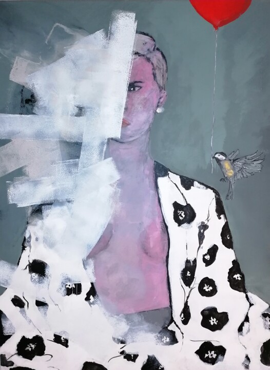 Peinture intitulée "oiseau au ballon ro…" par Pascal Girard, Œuvre d'art originale, Acrylique