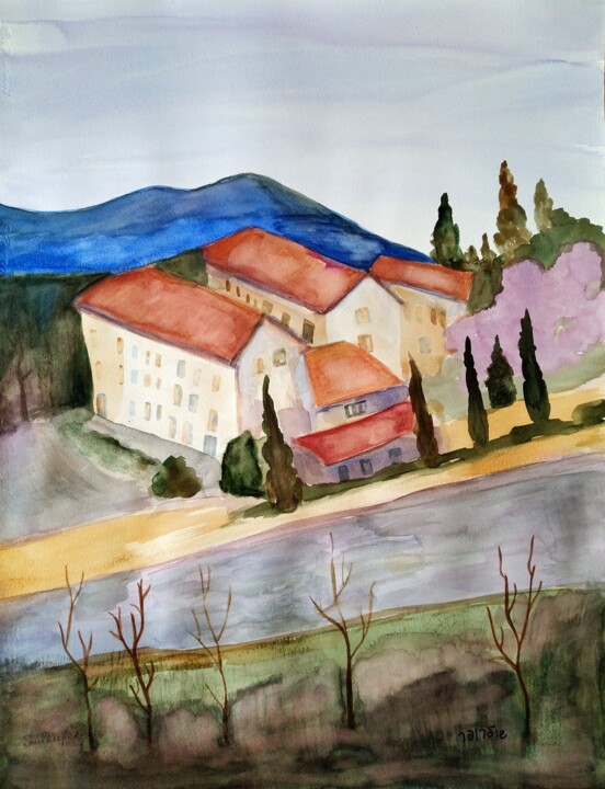 Painting titled "View at the street…" by Janna Shulrufer, Original Artwork, Watercolor