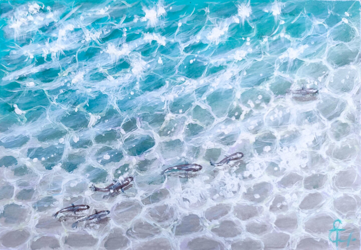 Glare on turquoise water. 绘画, 7.9x11.8 in