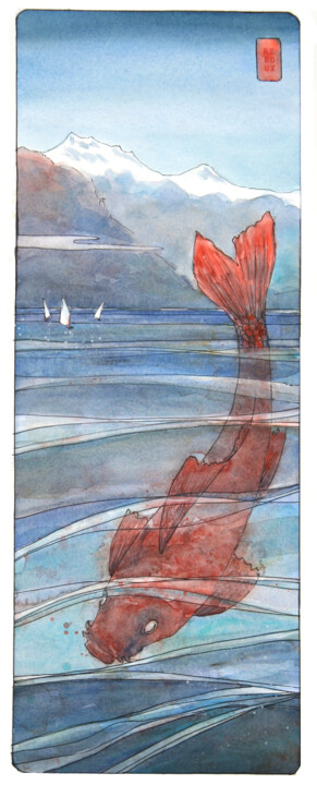 Grande carpe dans le lac d'Annecy 绘画, 23.6x9.1 in