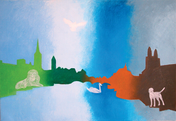 Stadt am Fluss / city on the river 绘画, 21.7x31.5 in