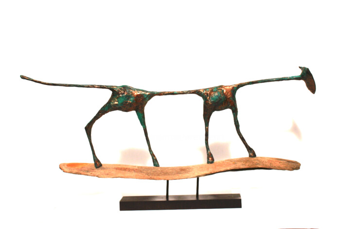 Grand chat à l'affut sur bois flotté, insp Giacometti 彫刻, 12.6x26 in