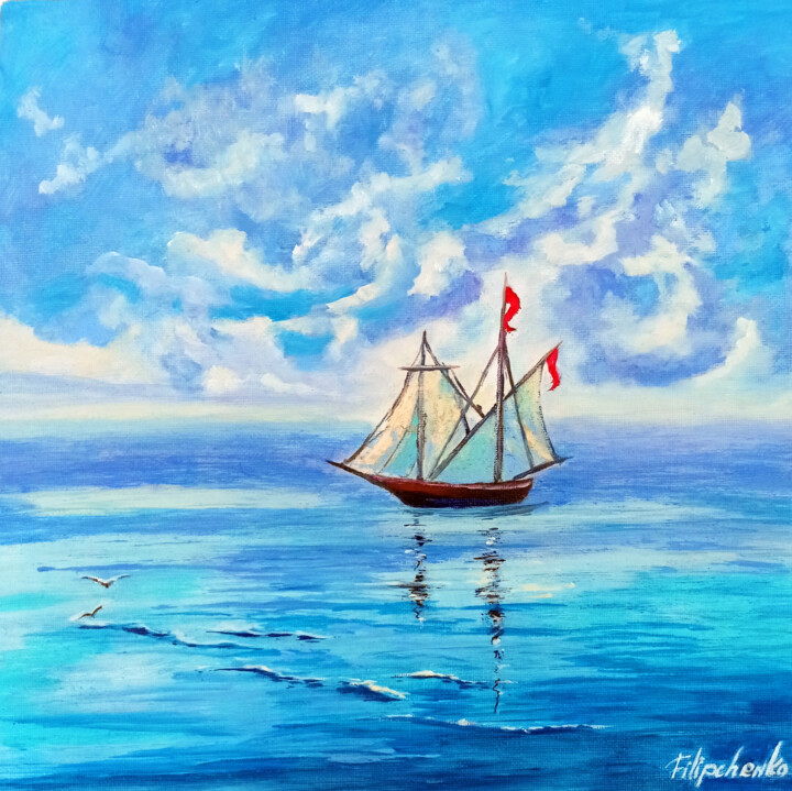 Sailboat Painting Seascape Original Oil Artwork 绘画, 11.8x11.8 in