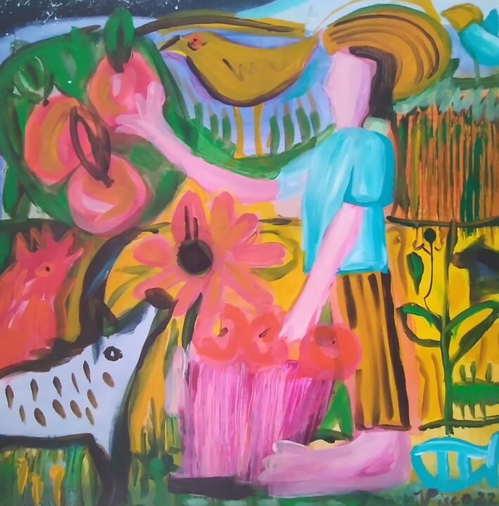 Apanhando pêssegos com o javali e o galo Painting, 19.7x19.7 in