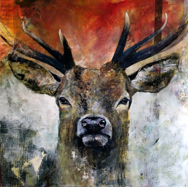 Printmaking titled "Hirsch 1" by Doris Happ, Original Artwork, Acrylic Mounted on Wood Stretcher frame