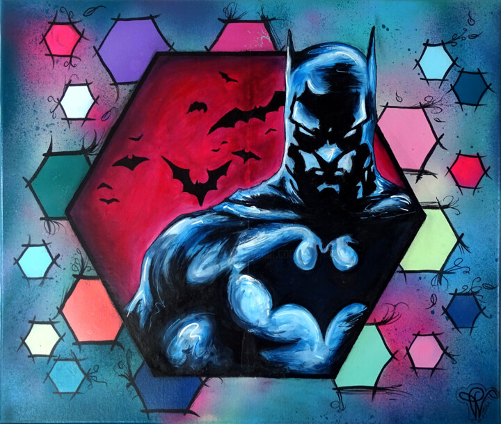 Tableau Batman Pop art/ Peinture Street Art "HexaBat" 绘画, 18.1x21.7 in