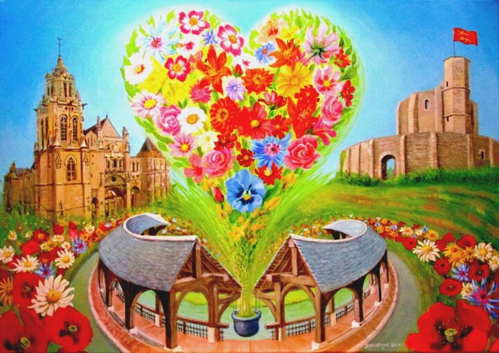 Bâtiments essentiels de Gisors et sont paquets de fleurs 绘画, 18.1x25.6 in
