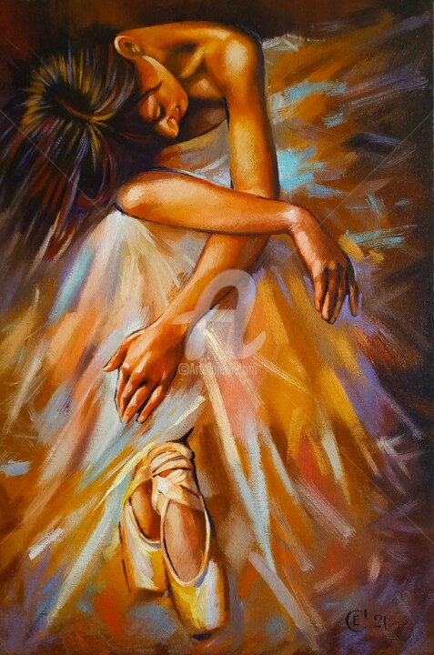 Ballerina Graceful in Tutu and Pointe Shoes 绘画, 17.7x11.8 in