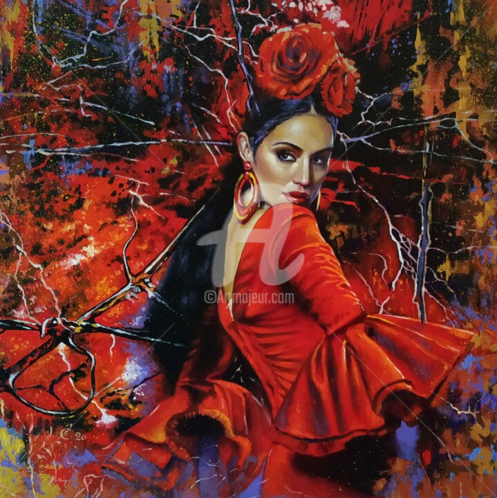Passionate Flamenco Dance in Red Dress 绘画, 19.7x19.7 in