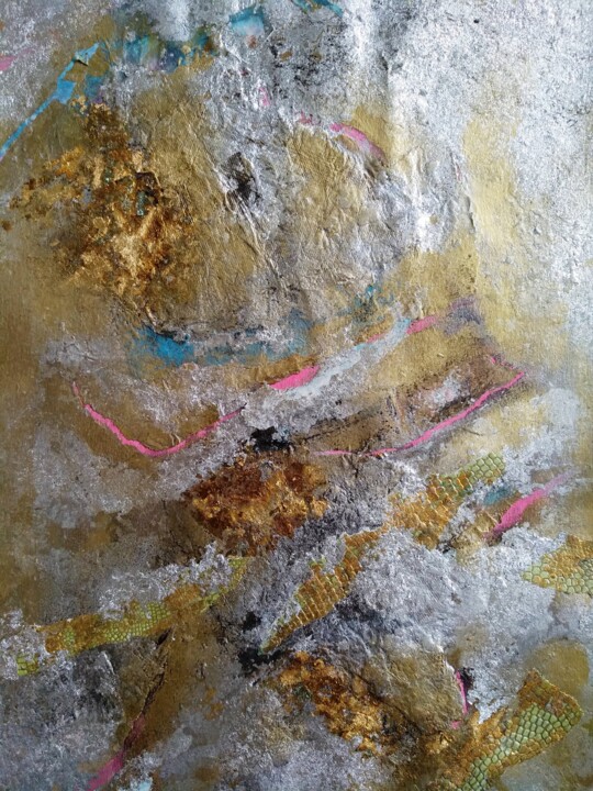 Hidden pastel blues and pinks within gold 拼贴, 11.4x8.3 in
