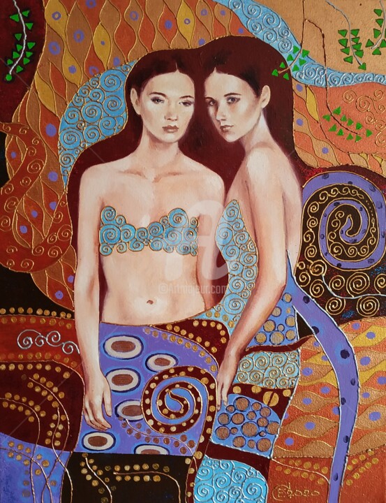 Girls in Klimt style 绘画, 17.7x13.8 in