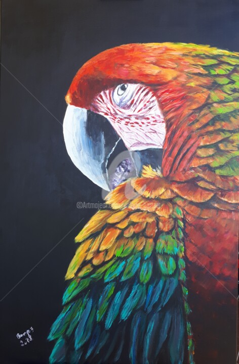 Painting titled "Perroquet" by Valérie Barrett, Original Artwork, Acrylic Mounted on Wood Stretcher frame