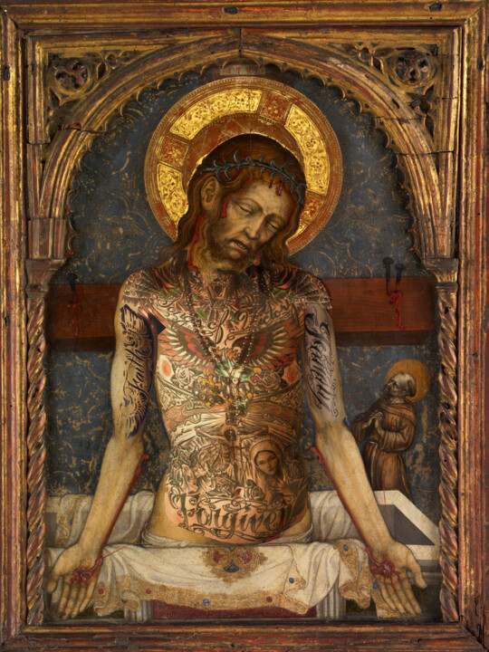 「Jesus Tattoos」というタイトルの絵画 Tony Rubinoによって, オリジナルのアートワーク, コラージュ