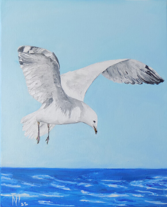 Schilderij getiteld "Seagull 2" door Nadezhda Ivanova, Origineel Kunstwerk, Olie Gemonteerd op Frame voor houten brancard