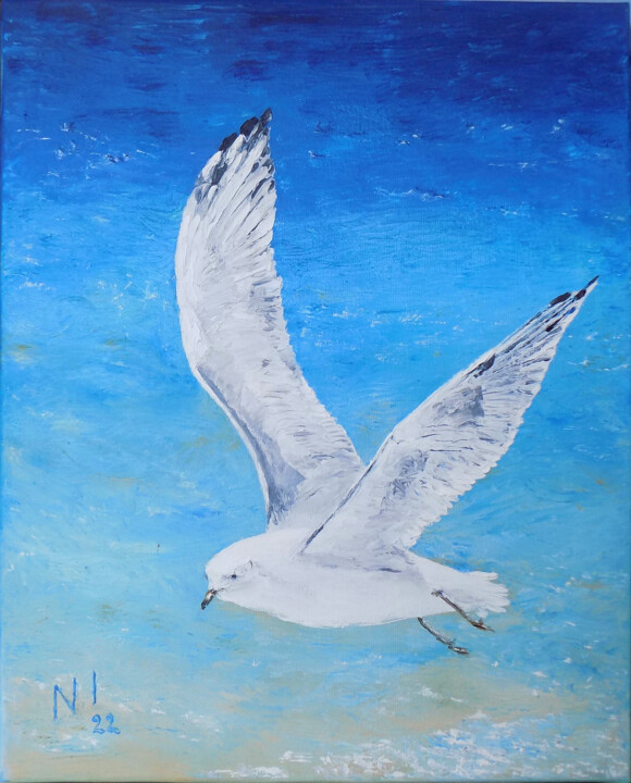 Schilderij getiteld "Seagull 4" door Nadezhda Ivanova, Origineel Kunstwerk, Olie Gemonteerd op Frame voor houten brancard