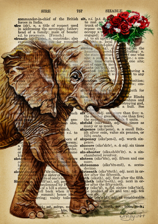 Elephant flowers gift dictionary book page wall art print 拼贴, 11.4x8.3 in